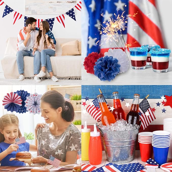 Whaline 4th of July Party Decorations Set, Patriotic USA Flag Pennant Bunting, Red White Blue Paper Fans, Star Garland Hanging Streamers, Tissue Pom Pom Flowers for Independence Day Decor, 14Pcs