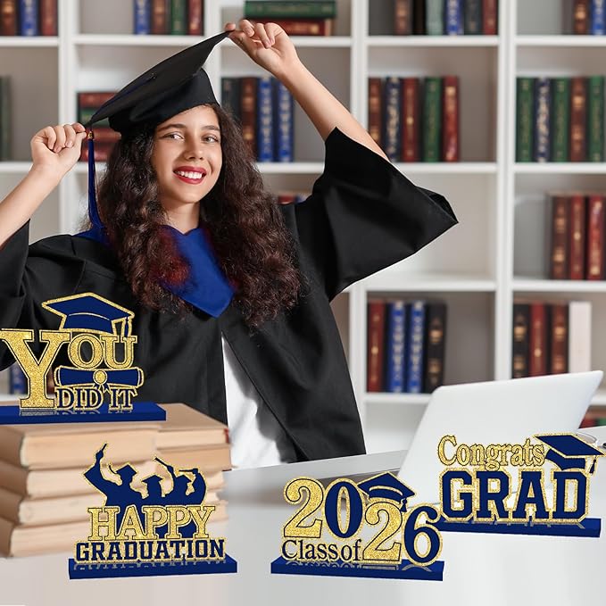 4Pcs Graduation Decorations Class of 2026 Wood Table Centerpieces Congrats Grad Wooden Sign Graduation Table Toppers Congratulate Tiered Tray Decor for 2026 Graduation Party (Navy Blue-Gold)