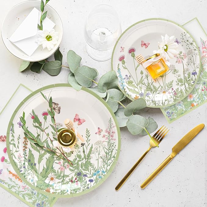80pcs Wildflower Party Plates Disposable Tableware Set Green Paper Plates for 20 Guests Kids Party Spring Summer Picnic Wedding Tea Party Table Supplies (Include Plates, Cups and Napkins)