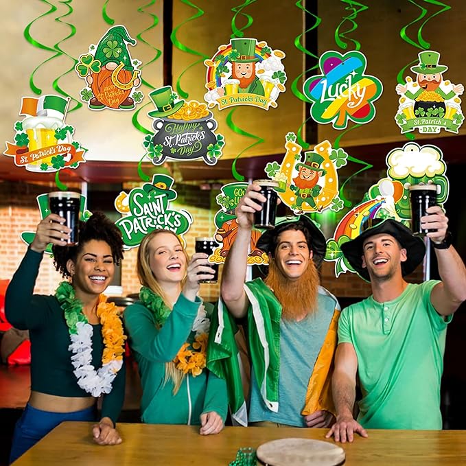 St-Saint Patricks-Day Party Decorations Garland Streamers - 12Pcs Green Banner Decor Shamrock Gonme Hat Hanging Swirl,Baby Shower Birthday Irish Lucky Party Supplies Hugtmr