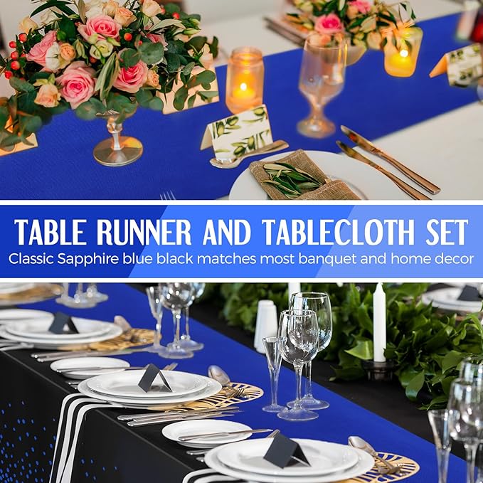 Breling 16 Pack Black and Blue Disposable Plastic Tablecloths and Satin Table Runner Set, 54 x 108 Inch Tablecloth, 12 x 108 Inch Table Runners for Wedding Graduation Birthday Baby Shower New Year