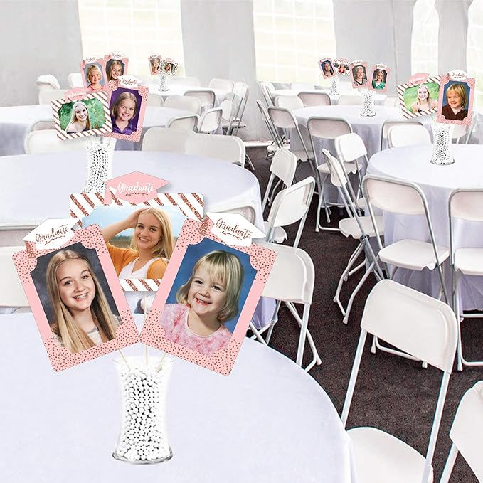 Rose Gold Grad Graduation Photo Display Centerpiece Kit - 15 Double-Sided Photo Table Topper Sticks, Vertical and Horizontal 4x6 Picture Holders, DIY Party Decoration Set