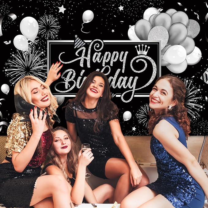 Blulu Happy Birthday Backdrop Banner Sign Poster Large Fabric Glitter Balloon Fireworks Sign Photo Backdrop Background for Birthday Party Decoration Supplies, 72.8 x 43.3in(Black and Sliver)