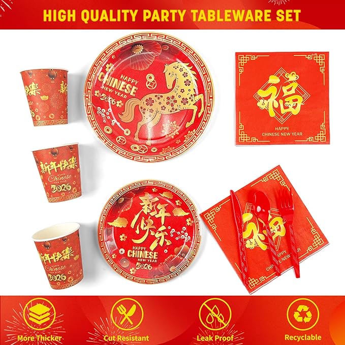 176Pcs Chinese New Year Paper Plates & Napkins Sets,Chinese New Year Dinnerware Sets Including Cups Plastic Cutlery Disposable Tablecloth for Lunar Years Supplies Decor,Serves 25