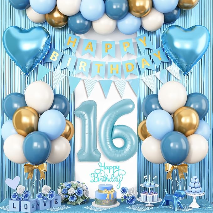 16th Birthday Decorations Blue White Gold,16th Birthday Balloons with Happy Birthday Banner Fringe Curtain Heart Foil Balloons for Boys Girls 16 Year Old Birthday Decor
