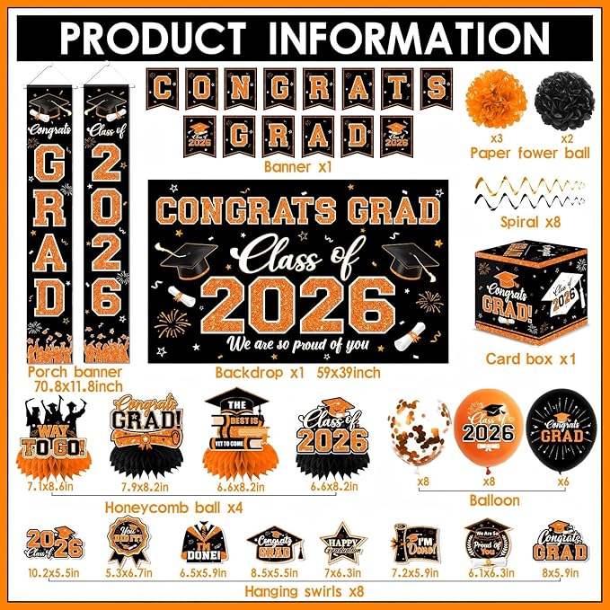 Graduation Decorations Class of 2026,Orange and Black Graduation Decorations 2026- Congrats Grad Decorations Orange Banner＆Hanging Swirls,Card Box,Pompoms,Balloons,Porch Sign for College Grad Party