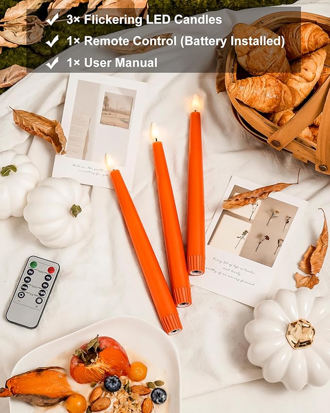 Orange Flameless Taper Candles with Remote and Timer, 9.65 Inch Real Wax LED Candlesticks, Fall Taper Candles Battery Operated with 3D Flickering Flame, Thanksgiving Candles for Table, 3 Pack