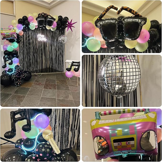 90s 80s Disco Theme Party Decorations, 151Pcs Balloon Arch Kit with Disco Ball, Retro Glasses, Musical Note, Guitar & Star Foil Balloons for Back to 80s 90s disco Birthday party