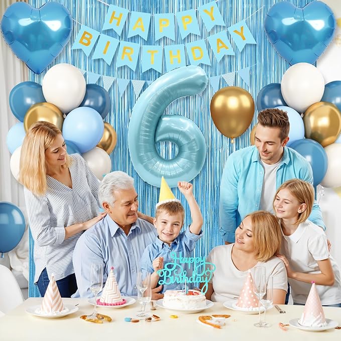 6th Birthday Decorations Blue White Gold, 25pcs Balloons, Banner, Fringe Curtain, Cake Topper, Heart Balloons for Boys Girls 6 Year Old Birthday