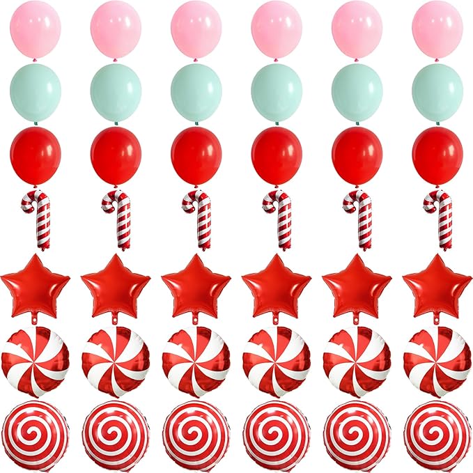 Christmas Balloons Set, 35pcs Xmas Baby Pink Red Light Green and Candy Cane Star Foil Balloons for Merry Christmas Candy Theme Candyland Party Baby Shower Gender Reveal New Year Decorations Supplies