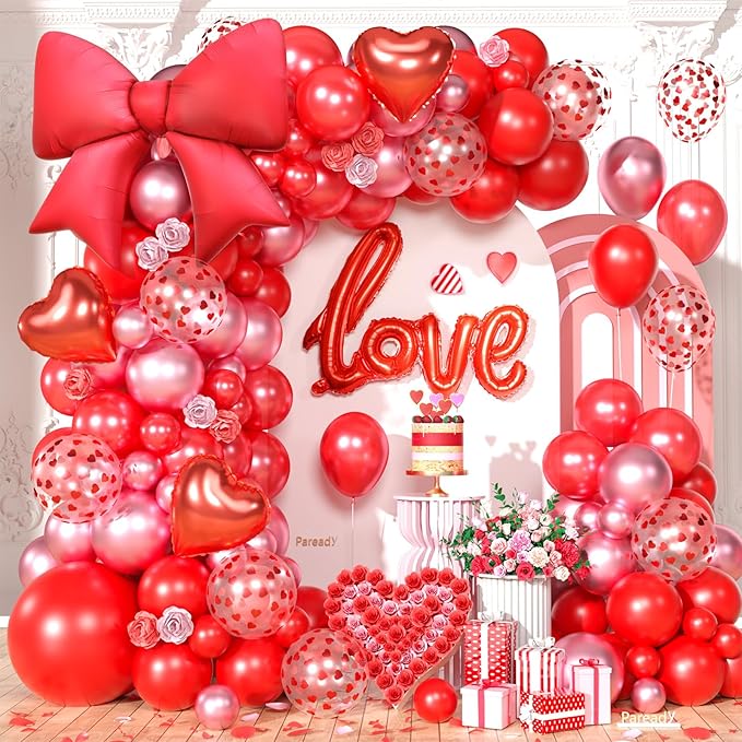 Red Balloons Arch Kit, Metallic Red Pearl Balloon Valentine Garland Arch, Heart Confetti Balloons Bow Heart Love Foil Balloon For Valentine's Day Birthday Baby Shower Party Wedding Engagement Decor