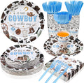 350 Pcs Western Cowboy Baby Shower Party Supplies a Cowboy Is on the Way Baby Shower Paper Plates Napkins Cups Disposable Western Party Tableware Plastic Cutlery Serves 50 Guest