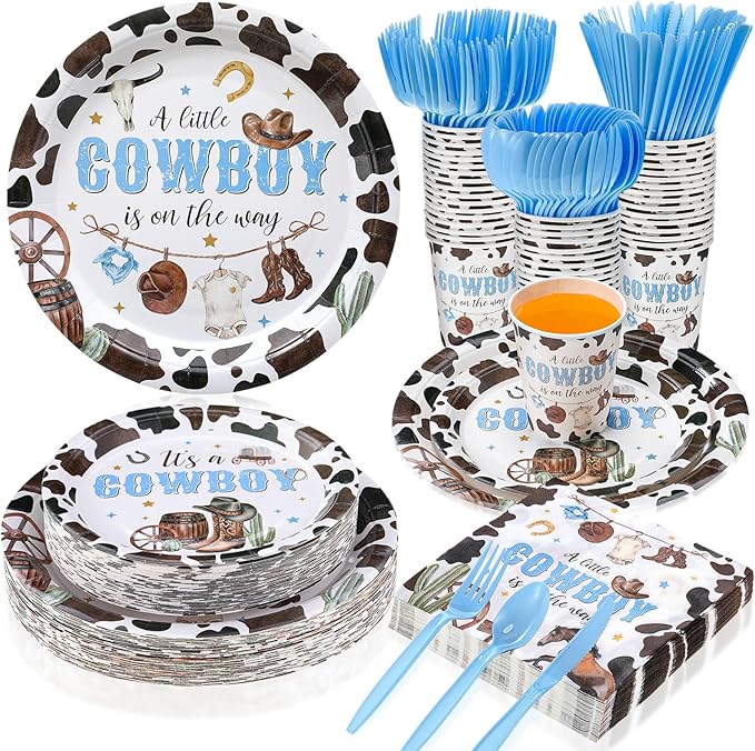 350 Pcs Western Cowboy Baby Shower Party Supplies a Cowboy Is on the Way Baby Shower Paper Plates Napkins Cups Disposable Western Party Tableware Plastic Cutlery Serves 50 Guest