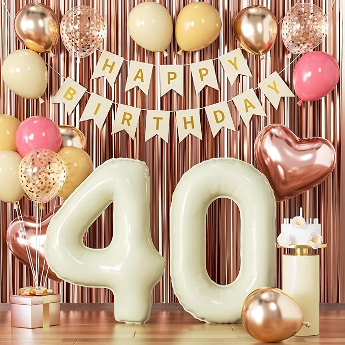 40th Birthday Decorations for Women, Retro Sand White and Cream Balloon Garland Kit, Cream Number 40 Balloon, Pink Happy 40th Banner, Milestone Party Supplies