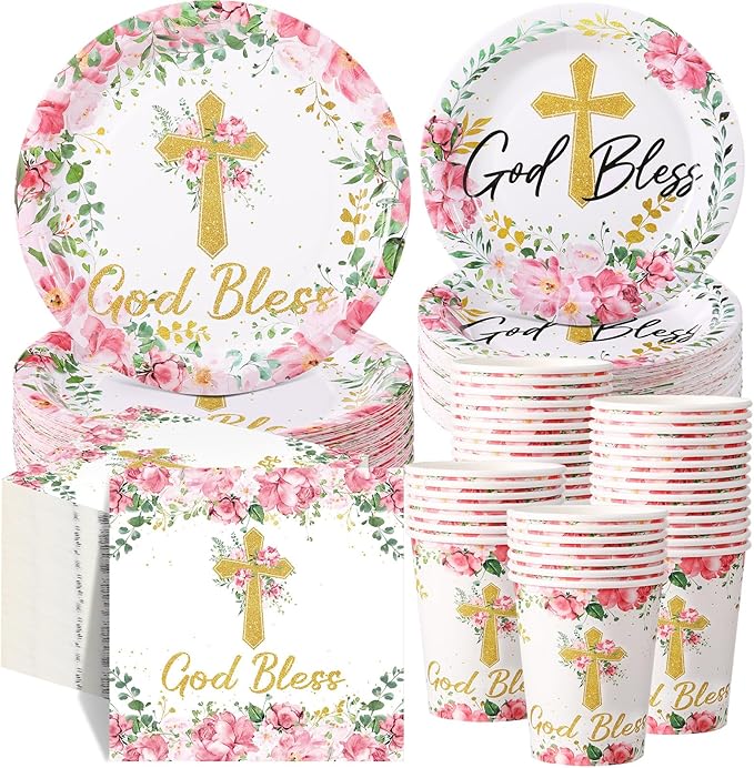 Pickmesh 250 Pcs Pink Baptism Cross Disposable Tableware Set First Holy Communion Baptism Disposable Paper Plates Napkins Cups for Christening Celebration Baby Shower Girl Religious Supplies, Serve 50