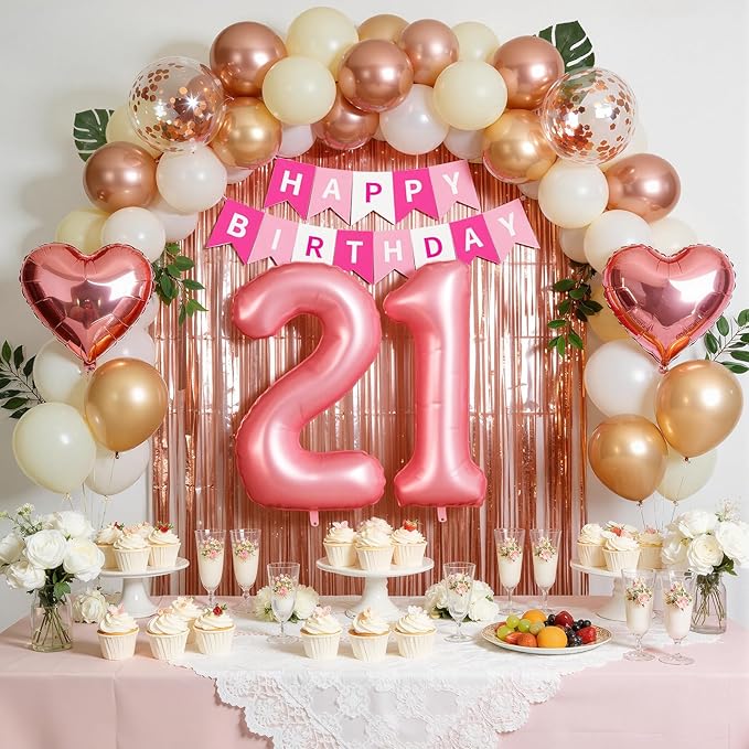 21st Birthday Decorations for Women, Rose Gold and Pink Party Supplies Set with Finally 21 Banner, Number 21 Balloon and Foil Fringe Curtains