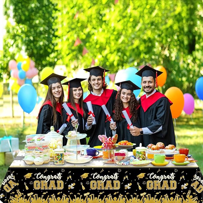 chiazllta Set of 3 Graduation Tablecloths Class of 2026 Congrats Grad Black Graduation Party Tablecover Decorations Party Supplies Large Size Plastic 54"x108"(Black & Gold)