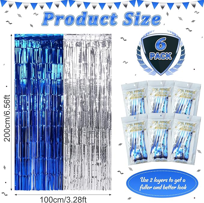 6Pack 3.3Ft x 6.6Ft Graduation Foil Fringe Curtain Backdrop Decorations, Blue Silver Metallic Tinsel Foil Streamers Curtain Photo Booth Background for Graduation Prom Wedding Birthday Party Decoration