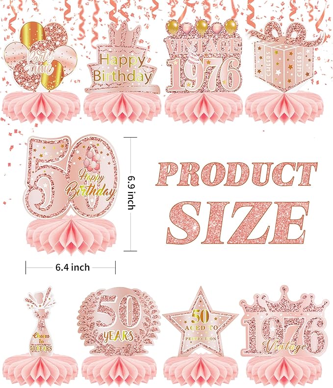 9 Pcs 50th Birthday Decoration for Women Happy 50th Birthday Table Honeycomb Decorations Rose Gold Pink Centerpieces Tables Toppers 1976 Decor Cheers to 50 Years Old Birthday Party Favors