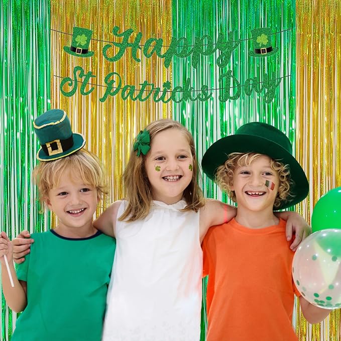 Green Tinsel Curtain Backdrop for St Patricks Day Decorations – Melsan 2 Pack 3.2 ft x 8 ft Metallic Foil Fringe Curtains for Irish Party, Jungle Birthday, Photo Booth Backdrop