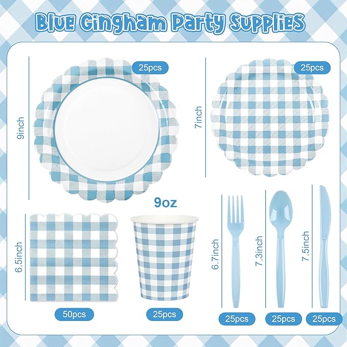200 Pcs Light Blue Gingham Party Supplies Blue and White Scalloped Paper Plates and Napkins Cups Disposable Gingham Checkered Plaid Dessert Plates Tableware Set for Baby Shower Wedding BBQ
