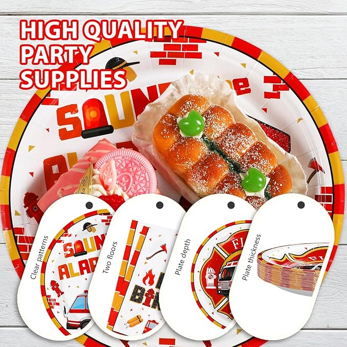 Grencian 96Pcs 4th Fire Truck Birthday Party Supplies Sound Alarm 4th Birthday Plates and Napkins Tableware Set Red White Disposable Decoration for 4 Years Old Fire Theme Fireman Firetruck Serve 24