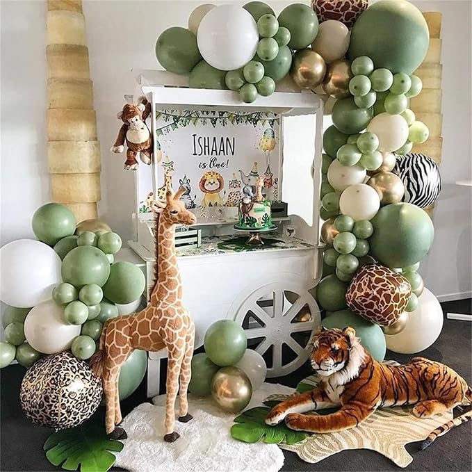 Jungle Safari Balloon Arch Garland Kit, Sage Olive Green Brown Beige with Animal Print Wild One Ballons, Giraffe Balloon for Kids Safari Baby Shower Forest Woodland Theme Birthday Party Decorations