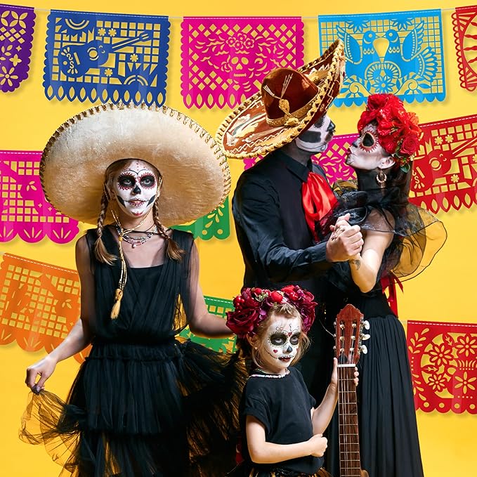 3 PCS Cinco De Mayo Decorations, Plastic Mexican Party Banner 55.2 FT Papel Picado Dia De Los Muertos, Colorful Fiesta Banner for Day of the Dead Decorations Ofrenda Decorations for Fiesta Decor