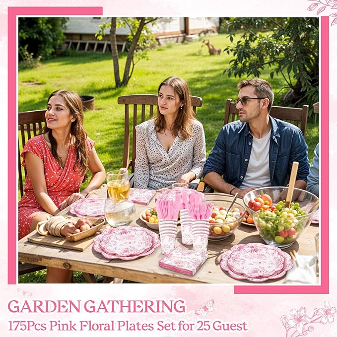 175 Pcs Pink Floral Plates and Napkins, 25 Guest Scalloped Vintage Floral Party Decorations Include Toile Plates Napkins Cups Cutlery for Mothers Day, Wedding, Bridal Baby Shower Tea Party