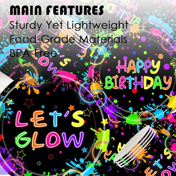 194 Pcs Neon Glow in the Dark Party Supplies Decorations Serve 24, Includes Plates, Napkins, Tablecloth, Banner, Ideal for Neon Themed Birthday Party
