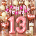 13th Birthday Decorations for Girls, Retro Pink Official Teenager Party Supplies Set with Happy 13th Banner, Number 13 Balloon and Foil Fringe Curtains