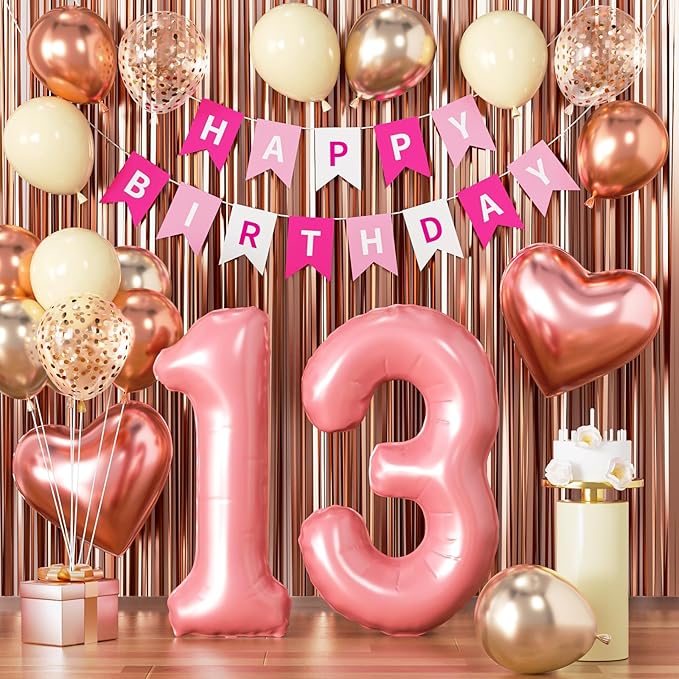 13th Birthday Decorations for Girls, Retro Pink Official Teenager Party Supplies Set with Happy 13th Banner, Number 13 Balloon and Foil Fringe Curtains