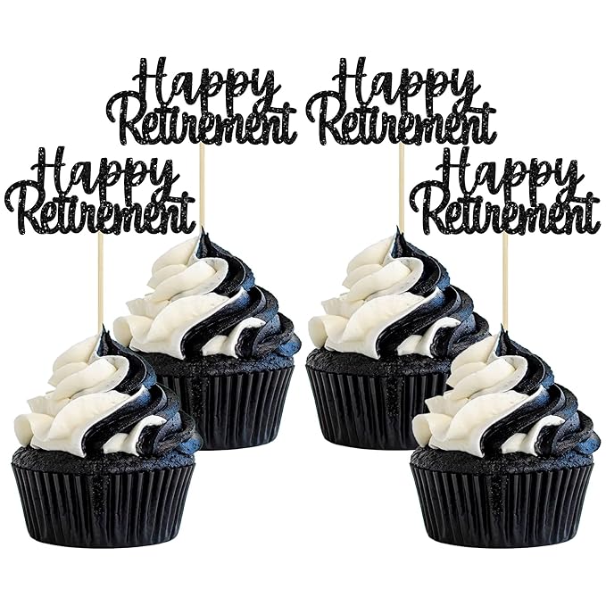 Gyufise Black Glitter Happy Retirement Cupcake Toppers Retired Cake Decorations for Retirement Party Cake Decorations 36 Pack