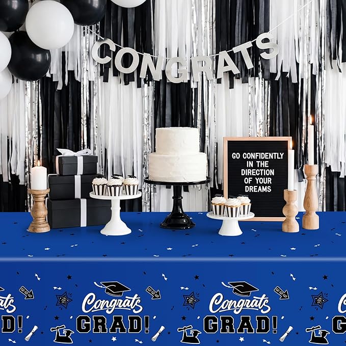 2-Piece 54 x 108 Inch Graduation Plastic Tablecloth – Graduation Disposable Rectangle Table Covers with “Congrats Grad” Design for Class of 2026 Party, School and Home Decorations