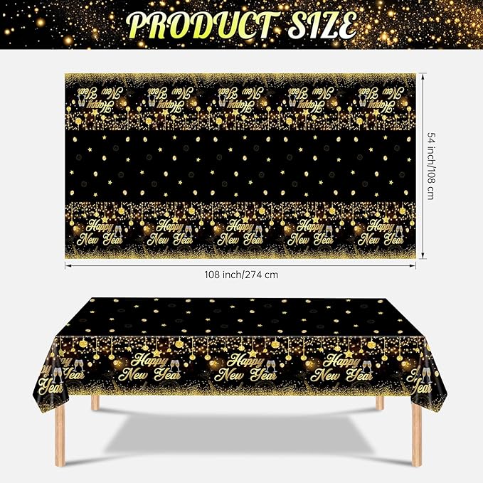 3 Pack New Years Tablecloths - Happy New Year Plastic Tablecloth Set, Black and Gold Disposable New Year's Table Cloth Cover Rectangle for 2026 New Years Eve Party Supplies Decorations, 108x54 Inch