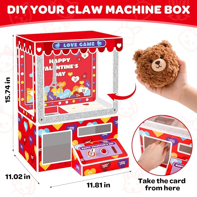 Gloween Valentines Boxes and Cards for Kids Classroom School Exchange, Great Valentines Day Gifts Party Favors for Boys Girls (1 Claw Machine Box, 32 Valentine Cards, 1 Teacher Card, Doll not Included)