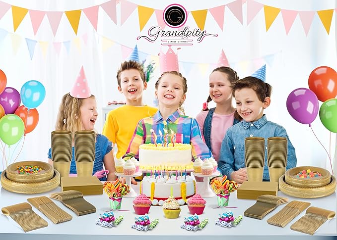 Grandipity 350 Piece Gold Disposable Dinnerware Set, Includes 50 of Each: 9" Dinner Plates, 7" Dessert Plates, 12oz Cups, Paper Napkins, Forks, Knives & Spoons
