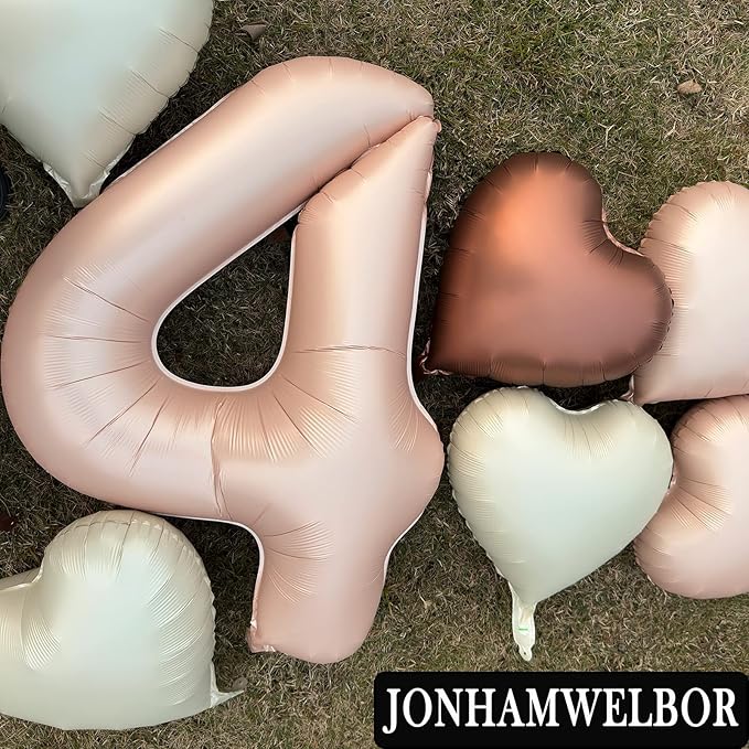 Jonhamwelbor 40 inch Caramel Number 4 Balloon Retro Large Big Giant Jumbo Foil Helium Mylar Number Balloon with Heart Balloons for Girl 4th Four Year Old Birthday Party Decor (40 inch Beige 4)