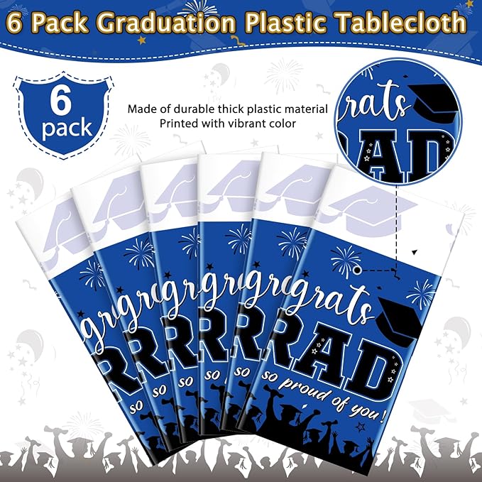 6 Pack Graduation Tablecloth Party Decorations, Class of 2026 Congrats Grad Plastic Tablecover Party Supplies, Blue Rectangle Graduation Table Decorations for College High School Party, 54 x 108 Inch