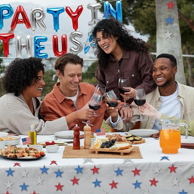 4th of July Decorations Stars Set, Red White Blue Star Streamers, "Party in the USA" Balloons for Patriotic Memorial Veterans Labor Independence Day Decor