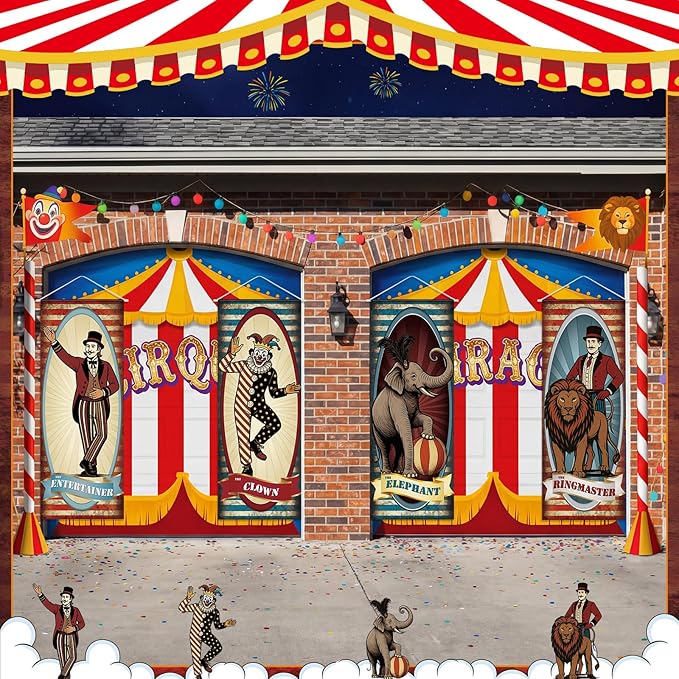 Panelee 4 Pcs Vintage Carnival Circus Party Decorations Circus Clown Elephant Ringmaser Porch Banner Side Show Party Hanging Backdrop for Halloween Birthday Baby Shower Wall Indoor Outdoor Decor