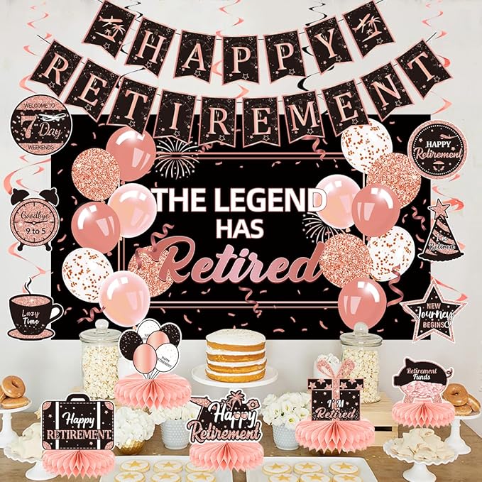 Happy Retirement Party Decorations Men Women, Rose Gold Retirement Party Decorations, Happy Banner, Backdrop, Hanging Swirls, Honeycomb Centerpiece