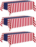 4th of July Decorations, 3 Pack Patriotic Tablecloth - 54 x 108 Inch Disposable Plastic Table Covers, American Flag Red and White Stripes Design for July 4th, Memorial Day & Patriotic Party Decor