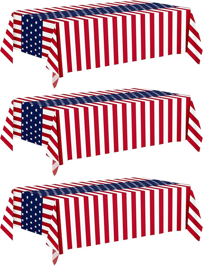 4th of July Decorations, 3 Pack Patriotic Tablecloth - 54 x 108 Inch Disposable Plastic Table Covers, American Flag Red and White Stripes Design for July 4th, Memorial Day & Patriotic Party Decor
