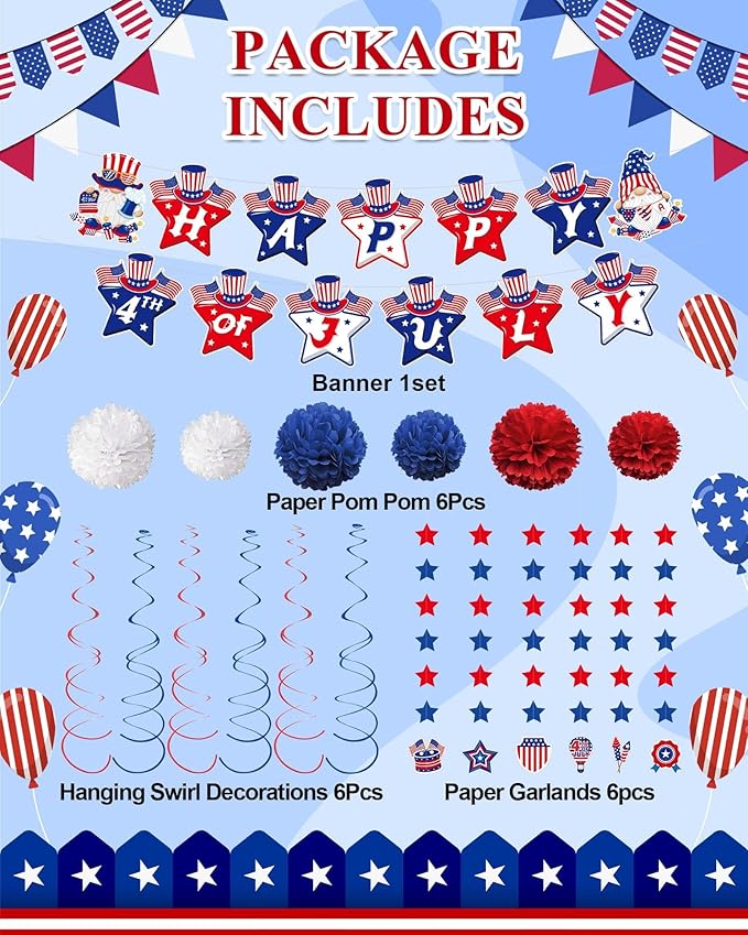 31Pcs 4th of July Party Decorations, Red White and Blue Decor Set with Banner, Hanging Swirls, Pom Poms & Star Streamers,Patriotic Decorations for Independence Day Outdoor Home Office Mantel
