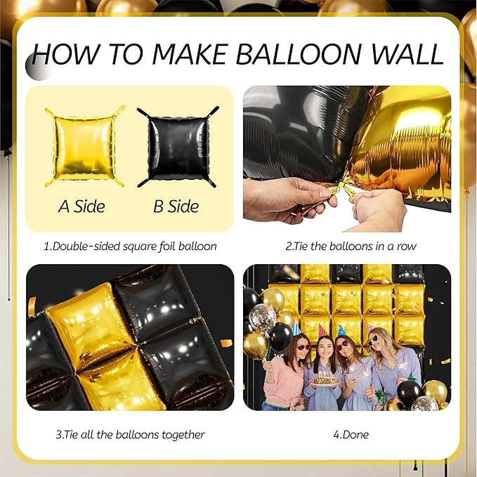 50PCS Black and Gold Square Foil Balloon Wall Backdrop for 2026 New Year Eve Party Decoration, 19'' Double Sided Metallic Balloon Garland Arch Kit for Graduation Anniversary Bachelorette Bridal Decor