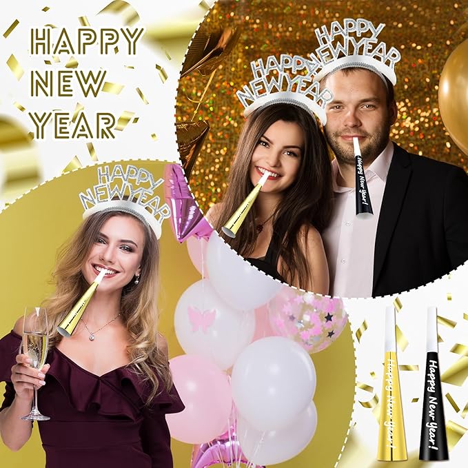Shappy 24 Pcs 2026 New Year Party Supplies Happy New Year Headband Horn Sounder Noisemakers Eve Party Decorations