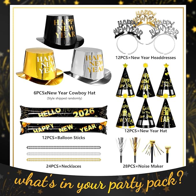 New Years Eve Party Supplies 2026 94PCS Happy New Years Decoration Hats Headband for 2026 Party Props Festival Decorations Count Down NYE Party Supplies Favors (Black Gold -1)