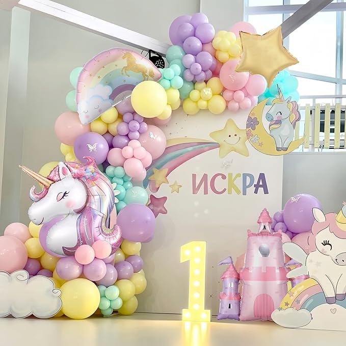 Pastel Unicorn Balloon Arch Kit, 156pcs Macaron Rainbow Balloons with Large Size Castle Unicorn Themed Foil Balloons for Girls Birthday Party Decorations Fairy Baby Shower Party Supplies