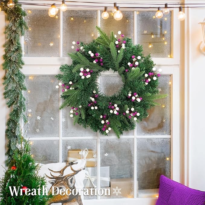 HOHOTIME 24 Pack Artificial Berry Stems Branches, Christmas Faux Purple White Holly Colorful Berries Branches Ornaments for Christmas Tree Wreath DIY Craft Decorations Holiday Home Decor